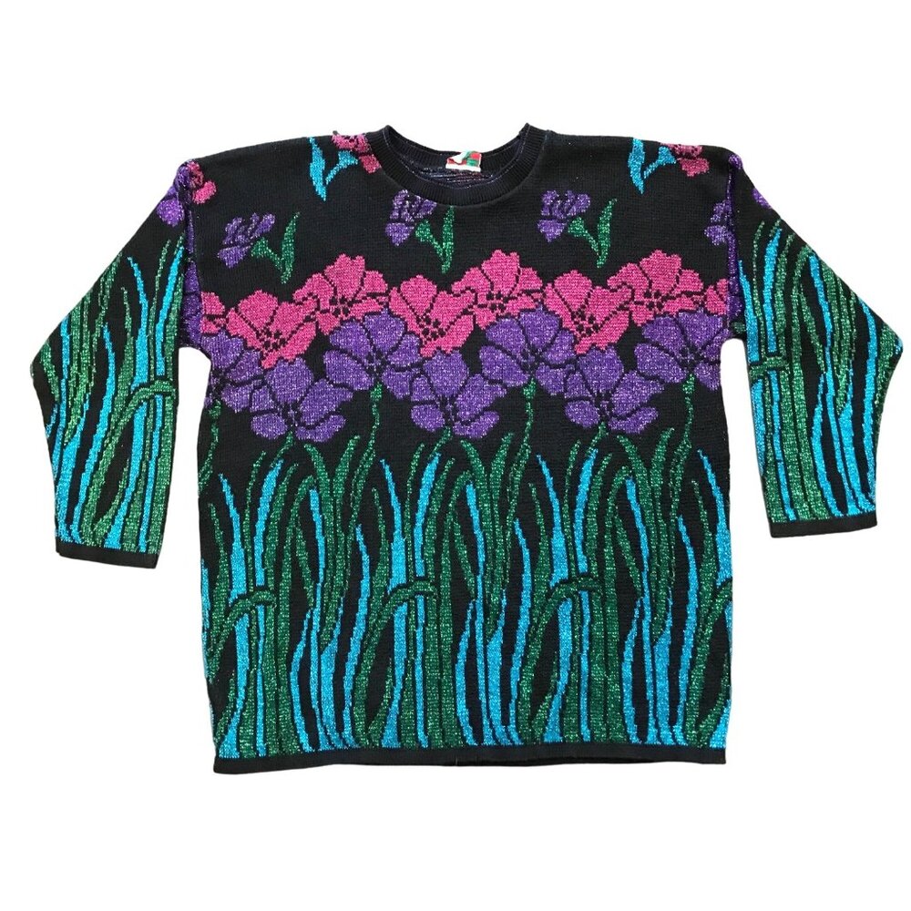 Vintage Nutcracker Womens XL Metallic Floral Sweater 80s 90s Purple Pink Flowers